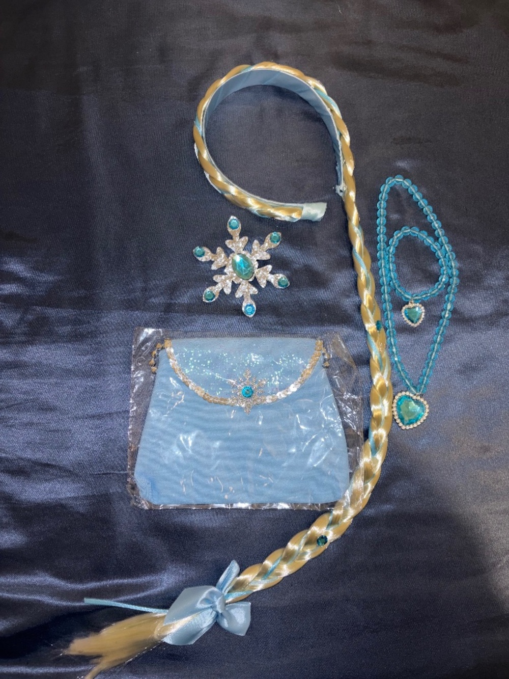Elsa Princess Dress Up Long Braided Wigs, Handbag, Jewelry for Halloween Costume